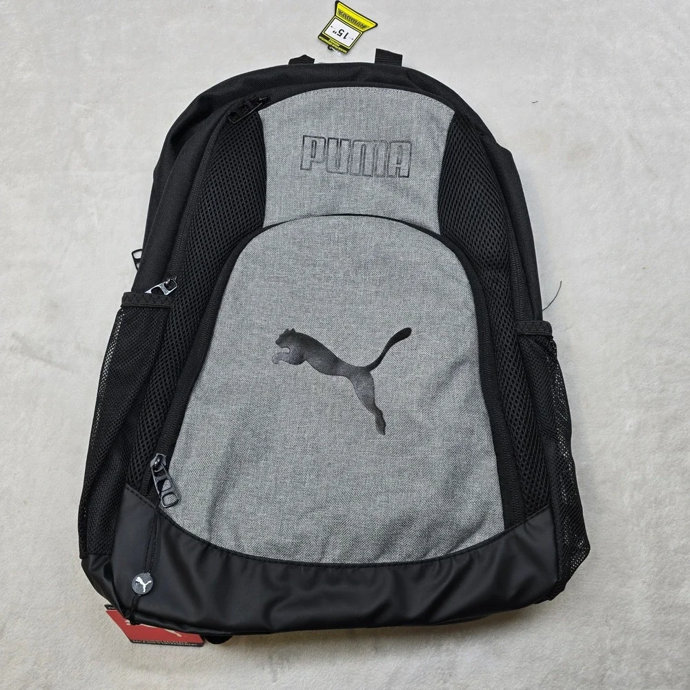 Puma Training‎ Backpack Black Grey Laptop Pocket Water Bottle Side Pockets NEW